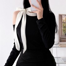 옷자락 여자 배색 롱리본 원숄더 어깨트임 슬림 심플 티셔츠