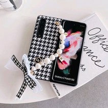 사은품/갤럭시 Z폴드4 Z폴드3 ZFold4 ZFold3 F736 F726 제트폴드4 지폴드3 폴더블폰 하운드 체크 패턴 디자인 진주 핸드 스트랩 하드 범퍼 핸드폰 케이스