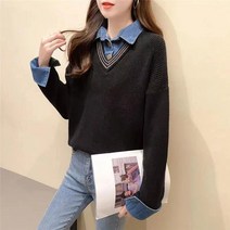 COSYEVNO 페이크 투피스 여성 니트 셔츠 루즈핏 이너