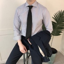 - 포마드클래식 와이드카라 스트라이프 드레스 셔츠 (네이비 화이트 그레이)