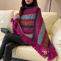 케이프블라우스 봄 가을 겨울 풀오버 스웨터 자켓 용 느슨한 망토 술 숄 7 색 레인보우 스트라이프 니트 탑 여성