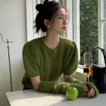 짧은 소매 스웨터 여성 봄겨울 틈새 디자인 세련된 니트 복고풍 부드러운 스타일 퍼프 슬리브 캐주얼 풀오버 탑