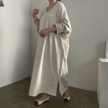 [비비애르] 마론 빅 브이넥 코튼 맥시 롱 원피스 빅사이즈 봄 간절기 박스원피스