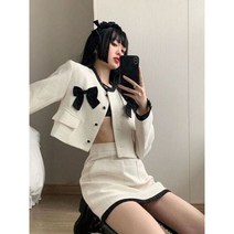 트위드 투피스 나비 매듭 짧은 가디건 긴 소매 코트 미니 스커트 세트 패션 재킷 가을