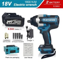 Kamolee1800 NM 하이 토크 90Ah 9000mAh 브러시리스 전기 임팩트 렌치 마끼다 18V 배터리용, UK+Two6.0AH BAT Plastic