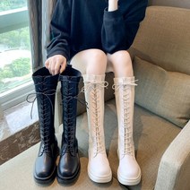 프리티슈 레이스업 니트 삭스 스판 키높이 통굽 어글리 워커 롱부츠 5cm