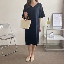 여자 V넥 단색 통소매 일자 솔리드 반팔 롱원피스