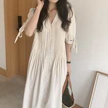 무지 코튼 여름 브이넥 핀턱 소매 리본끈 반팔 루즈핏 단추 롱 원피스