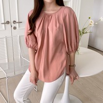 앞샤링 라운드넥 벌룬소매 반팔 솔리드블라우스 1100768