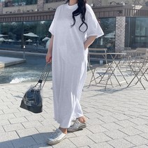 [비비애르] 심플리 코튼 리얼 롱 반팔 원피스 맥시기장 루즈핏 H라인 주머니 데일리룩 홈웨어 여행룩