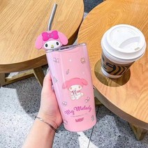 삼리오 캐릭터 시나몬 롤컵 빨대컵 스텐 물병 콜드컵 차량용 물컵, 600ml, 핑크마이멜로디