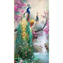 폭포와 공작새부부 보석십자수 비즈 공예 도안, 05.80x150