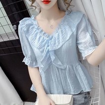 여름 프렌치 브이넥 프릴 퍼프 반팔 셔츠 여성 상의