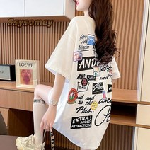 Ssysomey 여성 여름 패션 캐주얼 뒷면 프린트 반팔 티셔츠 루즈핏 미디엄 반팔 상의