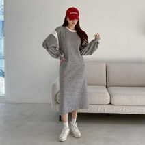 신세계TV쇼핑 [옷자락] 여자 컬러블럭 라운드넥 루즈핏 벌룬긴팔 롱원피스