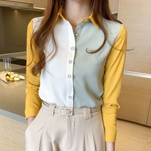 쉬폰 스타일리쉬 패치워크 여성 긴 소매 가을 상의 블러킹 오피스룩 와이셔츠 1433930193