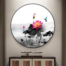 수묵화 연꽃 동양 명화 그림 원형 보석십자수 DIY AB비즈 큐빅 자수놓기 구슬페인팅, 50x50cm, 1개