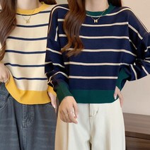 여성 크롭 니트 여자 겨울 줄무늬 티셔츠 3color