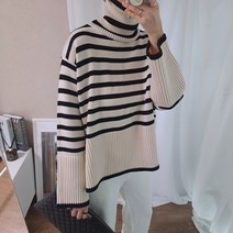 판쵸 니트 울 스트라이프 터틀넥 오버핏 하이넥 니트