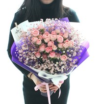 플라로마 미니장미 50송이+안개꽃다발 당일발송가능 기념일선물 부부의날 로즈데이 지정일예약 전국배송, 연핑크