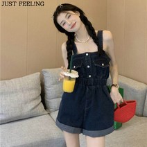 JUST FEEL!NG 데님 멜빵 반바지 여성 여름 빈티지 카고 디자인 조거 슬림 점프슈트 빅사이즈