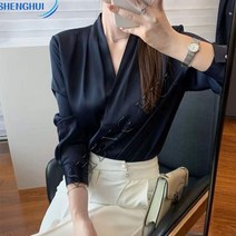 SHENGHUI봄 여름 화이트 프렌치 V넥 셔츠 실크 셔츠 새틴 셔츠+SH6*4L