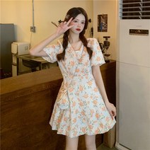 2022년 여성 프렌치 퍼프 소매 원피스 허리 낮은 숙녀 브이넥 스커트