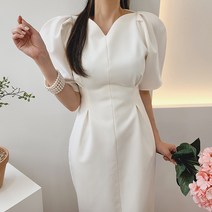 비니케이즈 하트넥 퍼프소매 핀턱 H라인 미디롱 펜슬원피스 셀프웨딩 피로연 웨딩스냅 브라이덜샤워 예복