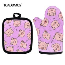 이유식주방전자저울 귀여운 만화 돼지 핑크 인쇄 2 세트 유연한 요리 오븐 장갑 전자 레인지 바베큐 베이킹, 한개옵션2, 03 HTAF169D19, 한개옵션1