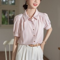 채윤러브 여성 카라넥 퍼프소매 무지 반팔 블라우스