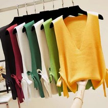 컬러칩 딥 브이넥 옆리본 조끼 니트 오피스 레이어드 데일리