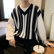 YAPOCL 가을과 겨울 줄무늬 조끼 한국식 홍콩 스타일 스웨터 조끼