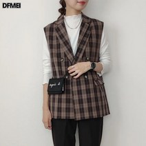 DFMEI.문예 체크 정장 베스트 여성 빈티지 체크 민소매 나시 레이어드 루즈핏 베스트 코트