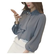 [RED RAY] [레드레이] 캐주얼 쉬폰 보우타이 셔츠 블라우스 긴팔 (XL 블루)