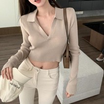 BANHANY 아인 깊은 브이넥 골지 슬림 오픈카라 크롭 니트 티셔츠 3color 220727448