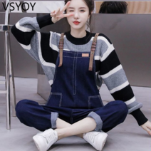 vsyoy 데님 턱받이 바지 새로운 서양식 느슨한 나이 감소 패션 점프 수트 여성 스웨터 가을과 겨울복