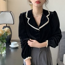 반지오 가을 레이스 카라 블라우스 검정 블랙 빅사이즈 겨울 벨벳 하객룩 오피스룩 르뚜앙