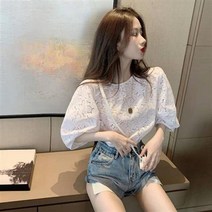 펀칭블라우스 레이스 벌룬 여자 아일렛 자수 브라우스 예쁜 빅사이즈 반팔 셔링 쉬폰 빅카라 셔츠