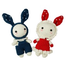 QDY 수제 DIY 초보자 크로 셰 뜨개질 세트 토끼 선물용 크로 셰 뜨개질 배우기에서 나만의 인형 만들기, 18cm, 실, 파란색과 빨간색