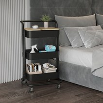 Roomxyd 이동식 트롤리 수납장 선반 카트 3단 틈새선반 이동식바퀴 고정가능, 블랙