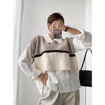크롭 배색 브이넥 루즈핏 니트 조끼 레이어드 베스트 데일리룩 (4color)