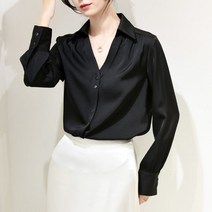 링클프리셔츠 검정 블라우스 구김없는 논아이론 링클프리 프렌치 멀 베리 실크 새틴 브이넥 셔츠 여성 블랙 디자인 센스 벌룬 긴팔 S