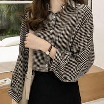 소녀풍 퍼프 셔링 소매 여자 체크 남방 블라우스 2색