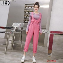 봄과 가을 컬러 허리 데님 벨트 바지 여성 슬림 점프 수트 투피스 정장 여성 캐주얼 바지