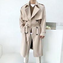 남자 봄 가을 오버핏 견장 더블 트렌치 가운 로브 롱 코트3color