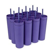 STRATA CUPS Periwinkle 뚜껑과 빨대가 있는 스키니 텀블러 (12팩) 473 2ml(16온스) 이중벽 아크릴 톨 매트 무료 빨대 클리너가 벌크 재사용 가능한 컵 미, 퍼플.