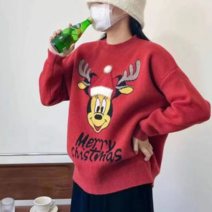 쥴리 여성용 크리스마스 니트 스웨터 미키 캐릭터 라운드넥