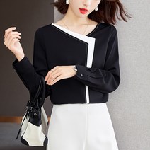 스타일아유 여성 단아한코디 배색 블라우스 브이넥 셔츠 데이트룩 오피스룩