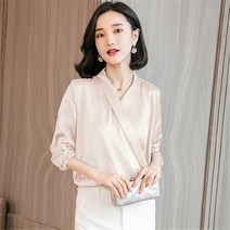 보라색 실크 새틴 블라우스 여성 긴 소매 V 넥 탑 패션 심플 오피스 레이디 셔츠