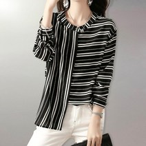 퀸이즈 퀸이즈 셸 차이나넥 언밸런스 스트라이프 블라우스